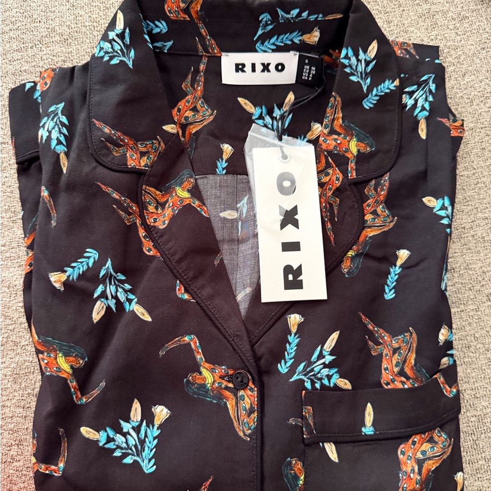 RIXO Black Top with Colorful Floral Design
